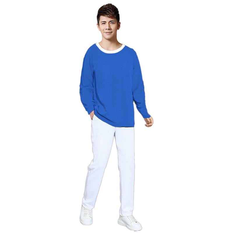 Long sleeve blue shirt + white pants